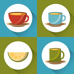 tea cup lemon on dish collection - tea time vector illustration
