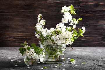 Vases with beautiful blossoming branches on table