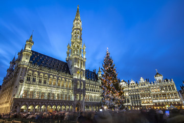 Grand Place with colorful lighting at Dusk in Brussels, Belgium