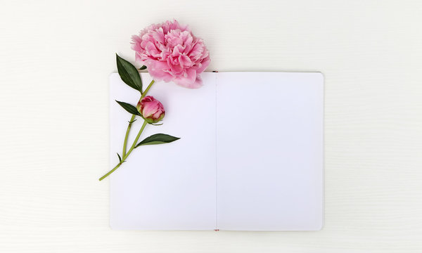 Sketchbook mockup with a peony, floral flatlay