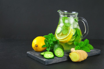 Sassy water. Fresh cool water with cucumber, lemon, ginger and mint. Detox and weight loss.