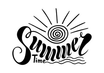 Beautiful handwritten text summer time. Vector illustration on a background of textured objects of solar, marine, wave. For postcards, advertisements, posters, banners, ornaments
