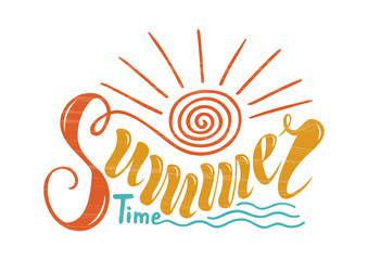 Beautiful handwritten text summer time. Vector illustration on a background of textured objects of solar, marine, wave. For postcards, advertisements, posters, banners, ornaments