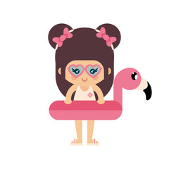 cartoon summer girl in a swimsuit and sunglasses with flamingo float