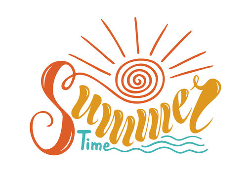 Beautiful handwritten text summer time. Vector illustration on a background of textured objects of solar, marine, wave. For postcards, advertisements, posters, banners, ornaments