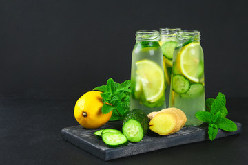 Sassy water. Fresh cool water with cucumber, lemon, ginger and mint. Detox and weight loss.