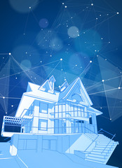 A modern house on a blue background surrounded by digital networks - an illustration of a smart eco-friendly home - the concept of modern information technology smart house or smart city / vector draw