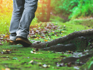 traveler walking on wet moss road in the woods