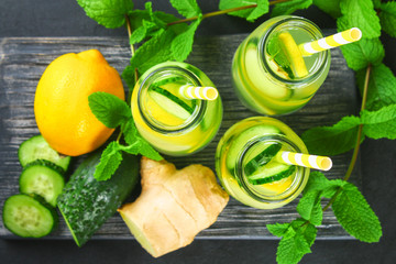 Sassy water. Fresh cool water with cucumber, lemon, ginger and mint. Detox and weight loss.