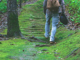 traveler whit backpack walking on wet moss road in the woods