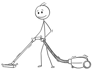 Cartoon stick drawing conceptual illustration of man cleaning floor or carpet with vacuum cleaner or hoover.