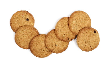 Round wholewheat biscuits with raisins isolated on white background, top view