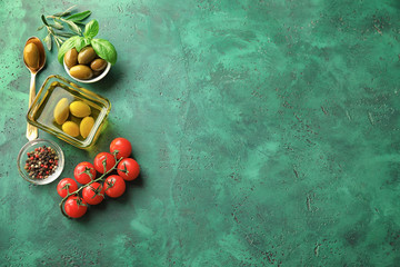 Composition with canned olives on table