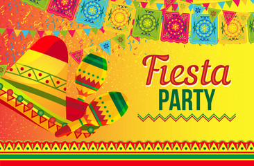 Colorful design of promotion card with vivid flags and sombrero hat design inviting to fiesta party