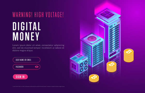 Colorful design in isometry of webpage about digital money and authorization service on resource