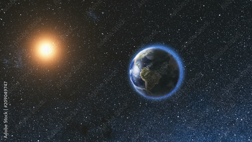 Wall mural space view on planet earth and sun star rotating on its axis in black universe. seamless loop with d