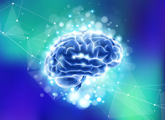 Human brain on a blue technological background surrounded by information fields, neural networks, Internet webs - the concept of modern technology, biotechnology, artificial intelligence / vector draw