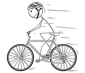 Cartoon stick drawing illustration of man in helmet riding or cycling on bicycle.