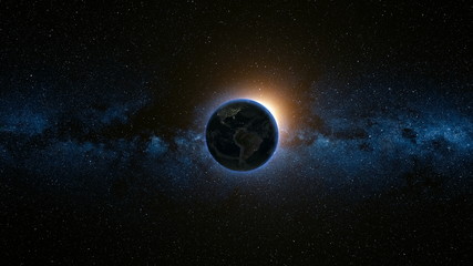 Space view on Planet Earth and Sun Star rotating on its axis in black Universe. Milky Way in the background. Seamless loop with day and night city lights change. Elements of image furnished by NASA