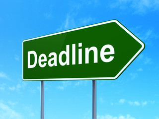Finance concept: Deadline on green road highway sign, clear blue sky background, 3D rendering