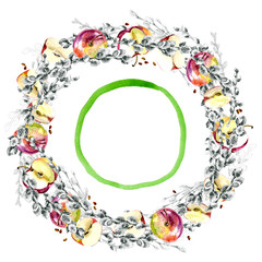 Festive, spring, fruit, berry, forest, meadow, field, village wreath. Watercolor. Graphic arts. Illustration