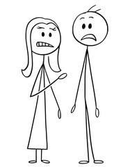 Cartoon stick drawing conceptual illustration of couple of man and woman standing stunned and shocked.