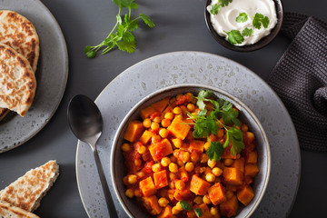 sweet potato and chickpea curry with naan bread