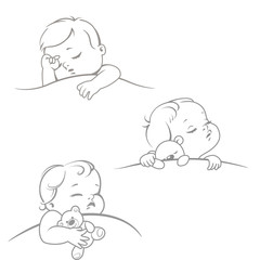 Sleeping baby. Set with cute little sleeping baby. Baby girl or boy sleep in bed at night. Teddy bear in hands. Line art monochrome  vector illustration.