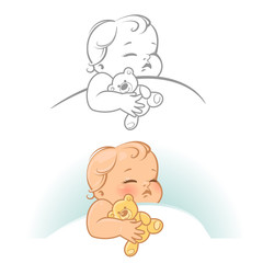 Sleeping baby. Set with cute little sleeping baby. Baby girl or boy sleep in bed at night. Teddy bear in hands. Line art monochrome  vector illustration.