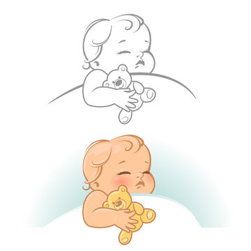 recommend clip art: Sleeping baby. Set with cute little sleeping baby. Baby girl or boy sleep in bed at night. Teddy bear in hands. Line art monochrome  vector illustration.