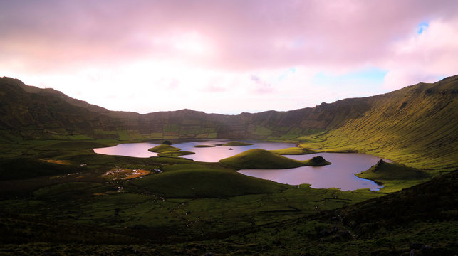 Landscape sunset view to Caldeirao crater, Corvo island, Azores, Portugal