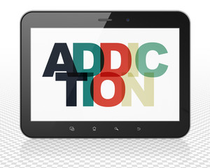 Health concept: Tablet Pc Computer with Painted multicolor text Addiction on display, 3D rendering