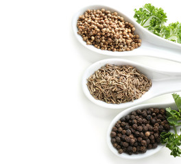Spoons with various spices on white background
