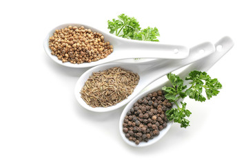 Spoons with various spices on white background