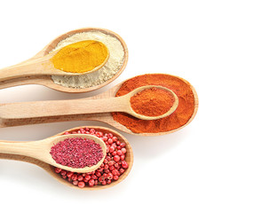 Wooden spoons with various spices on white background
