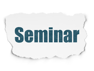 Learning concept: Painted blue text Seminar on Torn Paper background with  Hand Drawn Education Icons