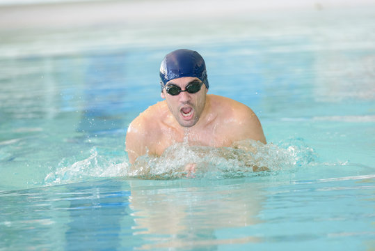 man swimmer swimming crawl in swimming pooltraining for triathlon