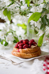 Spring mood. Blooming apple tree. Raspberry pie. Sweet cake with berries.