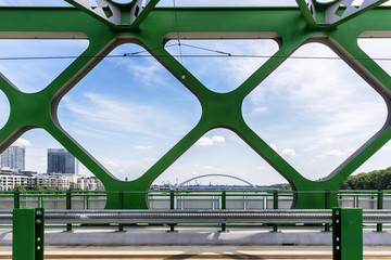 Bratislava, Slovakia - May 24, 2018: Bratislava - modern arched Apollo bridge build in years 2002 – 2005 by architect Miroslav Mamtasik.