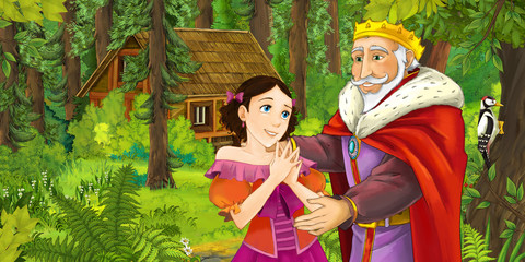 cartoon scene with prince and princess or king and queen resting during traveling and encountering hidden wooden house in the forest - illustration for children