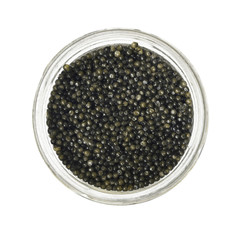 Closeup of black sturgeon caviar in a glass can