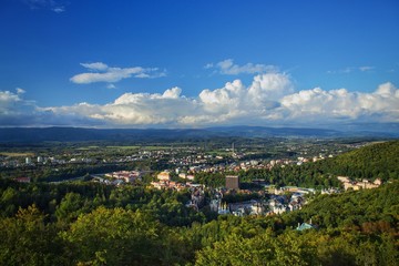 Blue sky over small town.