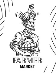 Peasant with hen on his head and basket with eggs. Illustration in linear style on the topic farmer market.