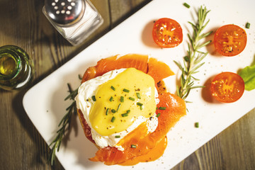Egg Benedict with smoked salmon and fresh Hollandaise sauce.