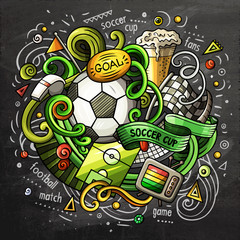 Soccer cartoon vector doodle illustration. Chalkboard design