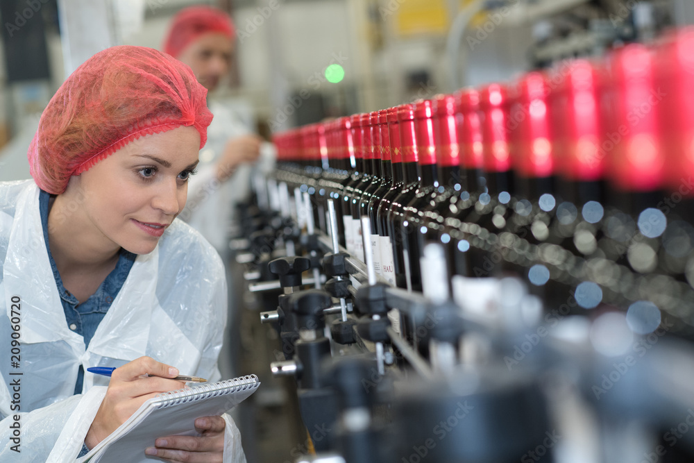 Wall mural woman making notes beside bottling plant production line