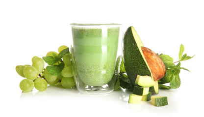 Composition with tasty avocado smoothie and grapes on white background