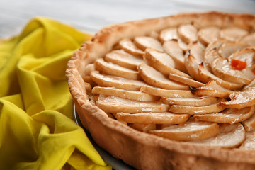 Tasty homemade apple pie on table, closeup