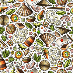 Naklejka premium Cartoon cute hand drawn Japan food seamless pattern