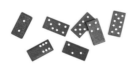 black dominoes, pieces isolated on white background, top view